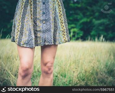 A young woman wearing a dress is standing in a meadow on a sunny day