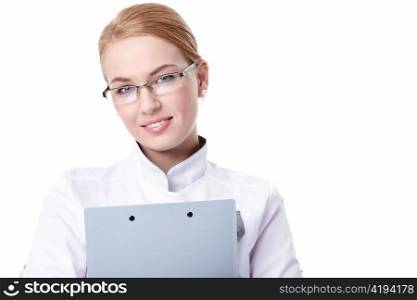 A young woman with a clipboard e on a white background