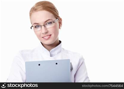 A young woman with a clipboard e on a white background