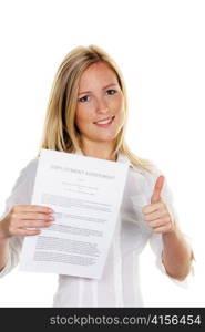 a young woman with a job during the interview was successful. in english