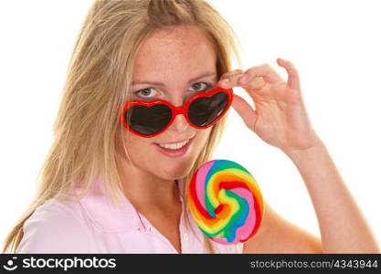 a young woman with a lollipop schlecker says.