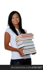 a young woman with a stack of books in their hands