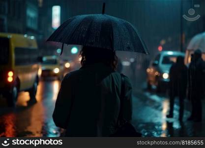 A young woman with an umbrella seen from behind walks in a modern city at night and heavy rain created with generative AI technology