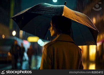 A young woman with an umbrella seen from behind walks in a modern city at night and heavy rain created with generative AI technology