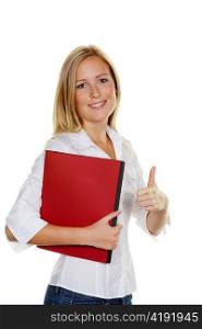 a young woman with application portfolio during the interview was successful.