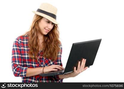 a young woman with smiling face holding laptop isolated on white background,