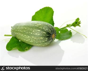 a zucchini with leaves on a white background