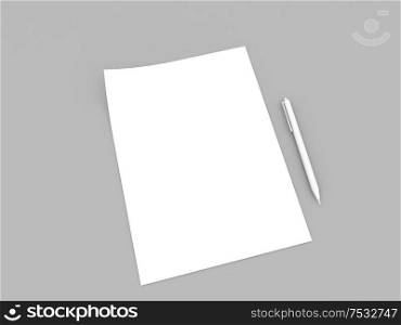 A4 paper sheet and pen on a gray background. 3d render illustration.. A4 paper sheet and pen on a gray background.