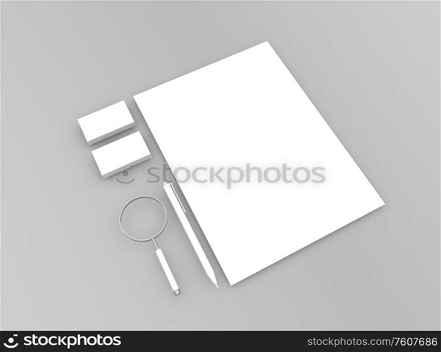 A4 paper sheet, magnifying glass, pen, business cards on a gray background. 3d render illustration.. A4 paper sheet, magnifying glass, pen, business cards on a gray background.