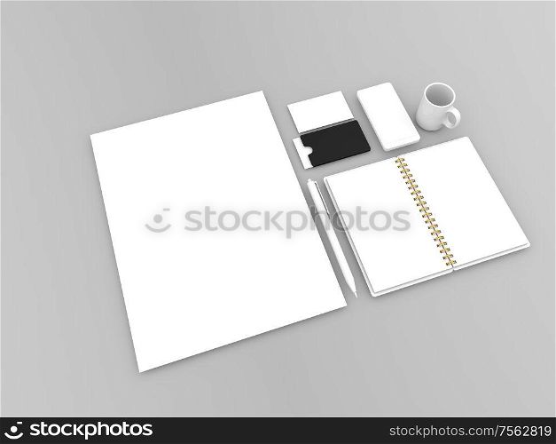A4 paper sheet, notebook, business cards, pen, smartphone and a mug on a gray background. 3d render illustration.. A4 paper sheet, notebook, business cards, pen, smartphone and a mug on a gray background.