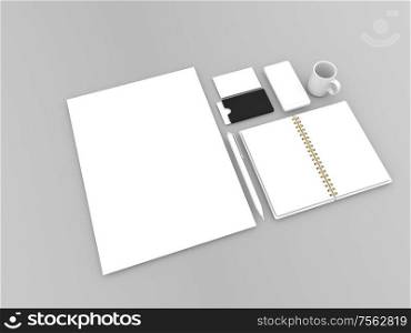 A4 paper sheet, notebook, business cards, pen, smartphone and a mug on a gray background. 3d render illustration.. A4 paper sheet, notebook, business cards, pen, smartphone and a mug on a gray background.