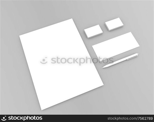 A4 sheet and business cards against gray background. 3d render illustration.. A4 sheet and business cards against gray background.
