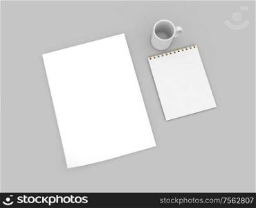 A4 sheet of paper notebook and mug on a gray background. 3d render illustration.. A4 sheet of paper notebook and mug on a gray background.