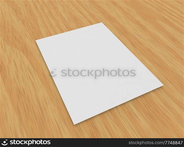 A4 sheet of white paper on a wooden background. 3d render illustration.