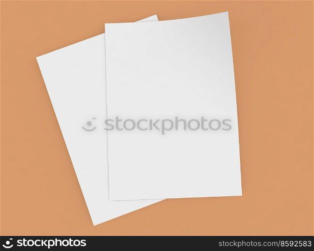 A4 size office paper sheets on a brown background. 3d render illustration.