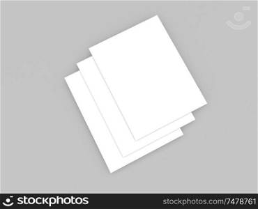 A4 white sheets mock up on gray background. 3d render illustration.. A4 white sheets mock up on gray background.