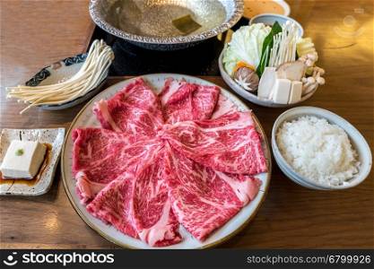 A5 Wagyu beef set for Sukiyaki Shabu Shabu with Vegetable, Groumet Japanese hot pot cuisine