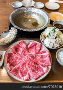 A5 Wagyu beef set for Sukiyaki Shabu Shabu with Vegetable, Groumet Japanese hot pot cuisine