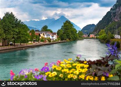 Aare river in Old City of Interlaken, important tourist center in the Bernese Highlands, Switzerland.. Old City of Interlaken, Switzerland