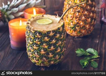Abacaxi Ricaco cocktail served on pineapple shell