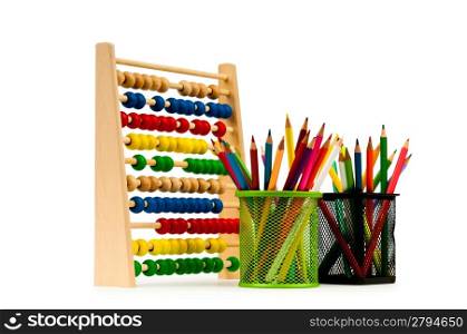 Abacus and pencils isolated on white