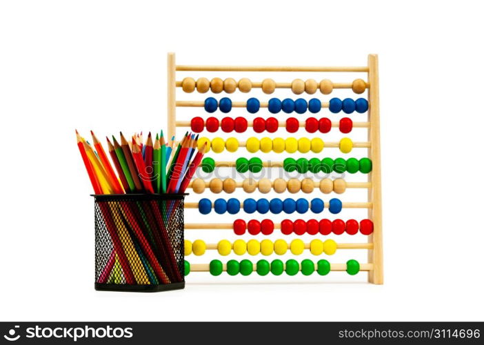 Abacus and pencils isolated on white