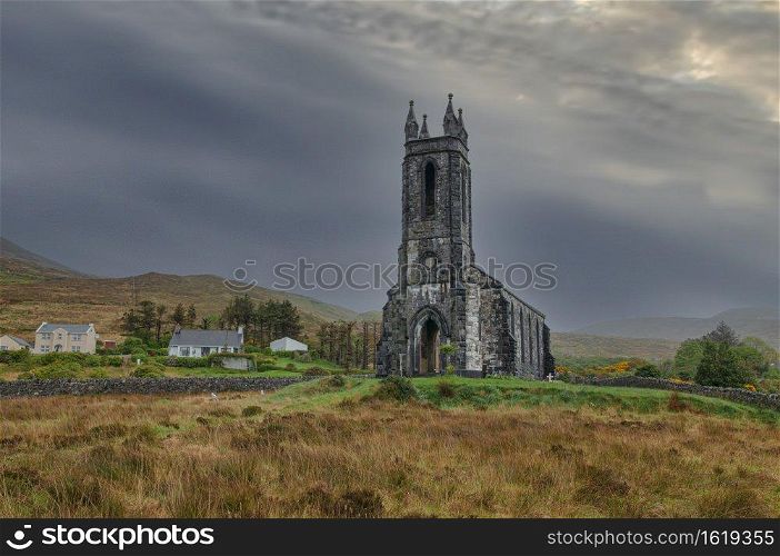  Abandoned church,  moody sky. The Poisoned Glen range, Co. Donegal, Ireland.