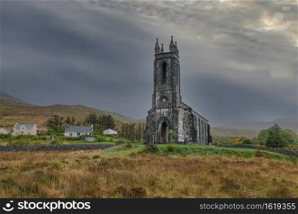 Abandoned church, moody sky. The Poisoned Glen range, Co. Donegal, Ireland.
