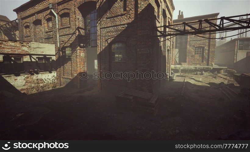 Abandoned factory with concrete ruins in industrial district