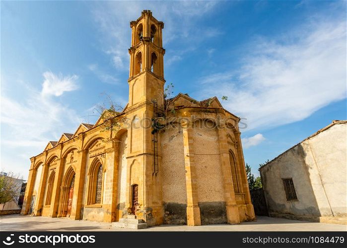 Abandoned greek ortodox church with bell tower, Guzelyurt, Morphou, North Cyprus