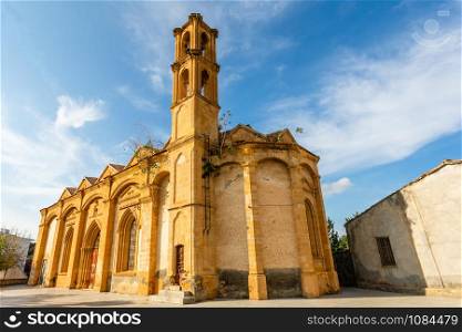 Abandoned greek ortodox church with bell tower, Guzelyurt, Morphou, North Cyprus