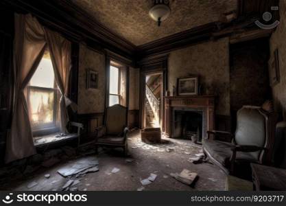 Abandoned haunted interior house. Empty architecture. Generate Ai. Abandoned haunted interior house. Generate Ai