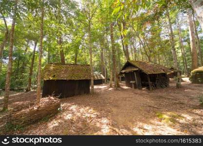Abandoned hut cottage political military school, Phu Hin Rong Kla National Park, Phitsanulok, Thailand. Historical and Natural Training and education school in a dense jungle trees. 