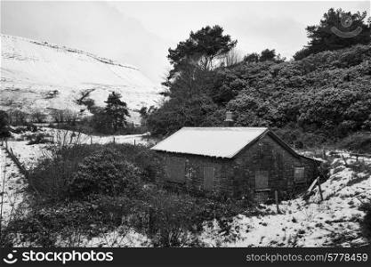 Abandoned hut in Winter forest landscape in black and white