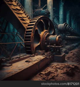 Abandoned industrial interior with old rusty machines. Creepy and dirty technology background. Generative AI illustration