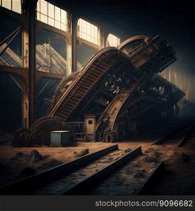 Abandoned industrial interior with old rusty machines. Creepy and dirty technology background. Generative AI illustration