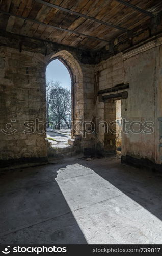 Abandoned Kuris castle in the village of Petrovka near Odessa, Ukraine. Ruined architectural monument of Romanticism. Kuris mansion in Petrivka, Ukraine