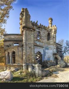 Abandoned Kuris castle in the village of Petrovka near Odessa, Ukraine. Ruined architectural monument of Romanticism. Kuris mansion in Petrivka, Ukraine