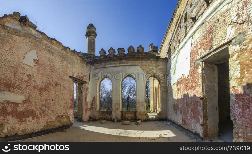 Abandoned Kuris castle in the village of Petrovka near Odessa, Ukraine. Ruined architectural monument of Romanticism. Kuris mansion in Petrivka, Ukraine