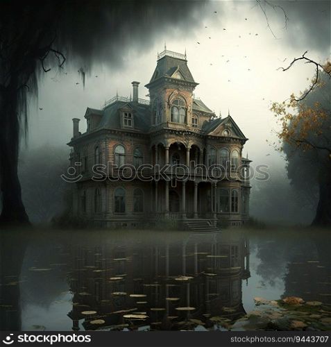  Abandoned mansion, eerie, scary, gloomy in the fog Created by generative AI