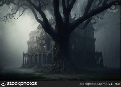  Abandoned mansion, eerie, scary, gloomy in the fog Created by generative AI