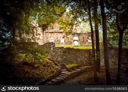 Abandoned place. Castle ruins in the green forest.