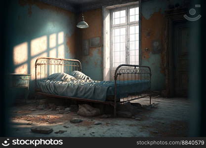 Abandoned room in a fictional hospice with an old rusty bed, digital art, generative AI
