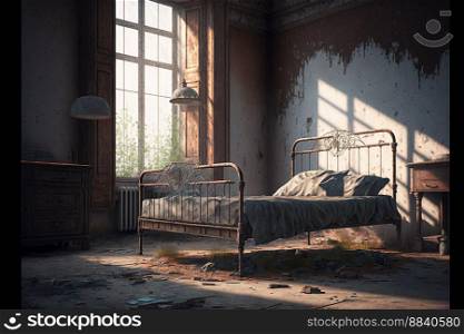Abandoned room in a fictional hospice with an old rusty bed, digital art, generative AI 