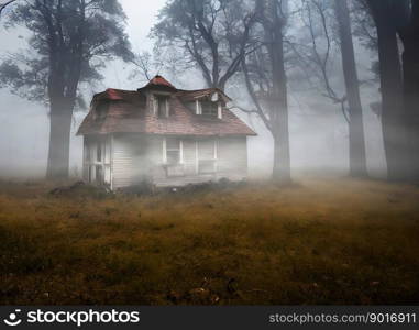 Abandoned small house on the edge of the forest in the fog made with generative AI