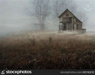 Abandoned small wooden house stands at the end of the brown grass in a fog bank in front of the large leafless trees made with generative AI