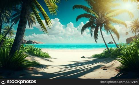 Abandoned tropical virgin sandy beach with palm trees, shining sun and clouds on sky. Tropical paradise sandy beach without people. Sun shining on the summer tropical beach. Generative AI.