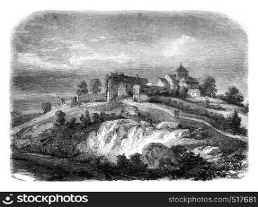 Abbey ruins of Chalard, department of Haute Vienne, vintage engraved illustration. Magasin Pittoresque 1845.