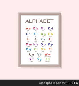 ABC Alphabet education poster framed. Cartoon flat style. Vector illustration