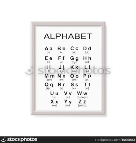 ABC Alphabet education poster framed. Vector illustration. Cartoon flat style